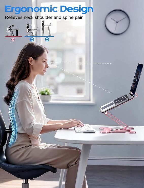 JCZT Adjustable Laptop Stand for Desk, 360° Rotating Base Ergonomic Computer Stand, Laptop Riser Foldable Protable for Office Home Fits Compatible with MacBook Pro/Air Notebook up to 10-16 Pink