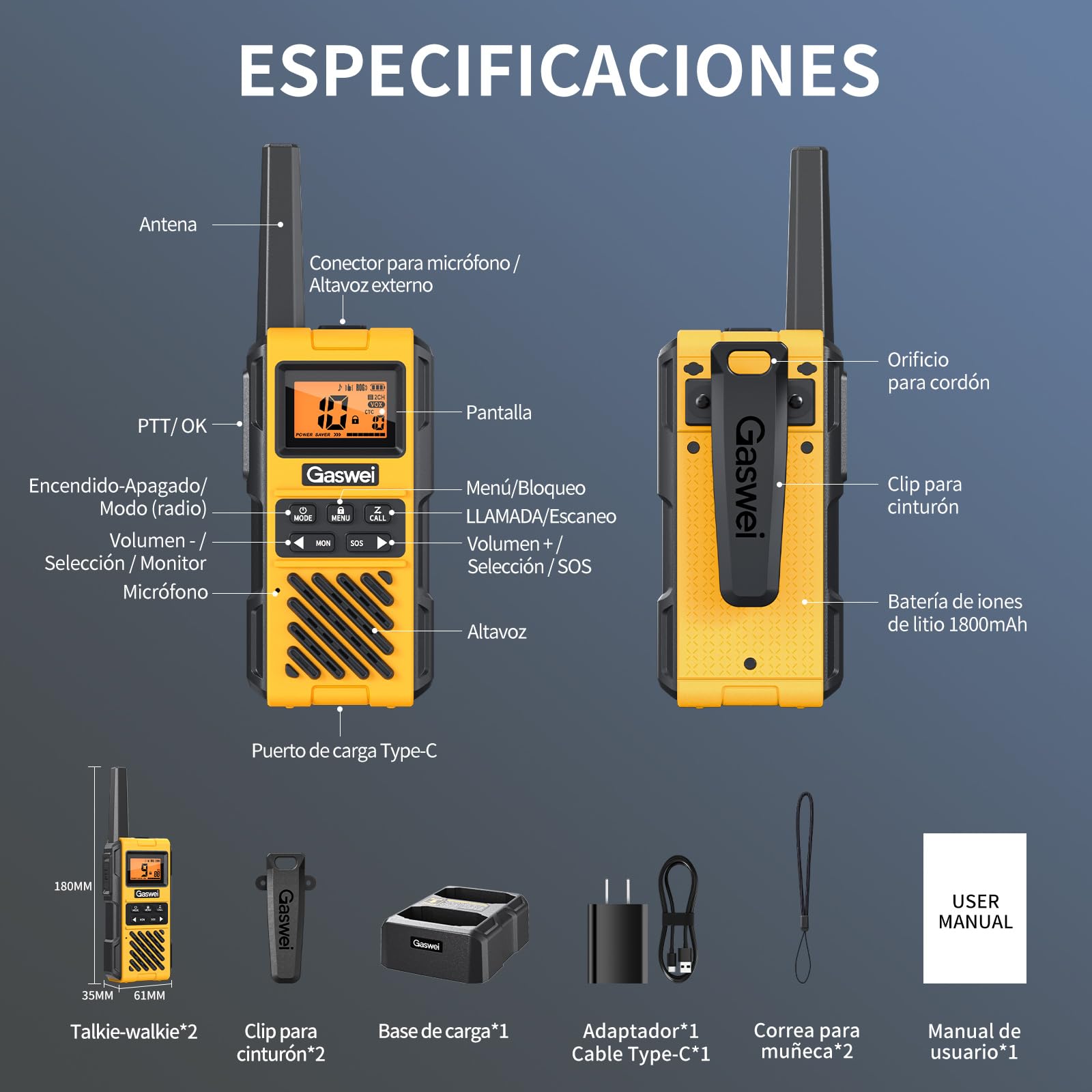 Talkie walkie Recargable Largo Alcance para Adultos,16 Canales PMR446 Walky Talky, 1800mAh,con Radio FM, VOX, Alarma SOS, Carga USB-C para Obras, Viajes, Aventuras al Aire Libre y acampadas.