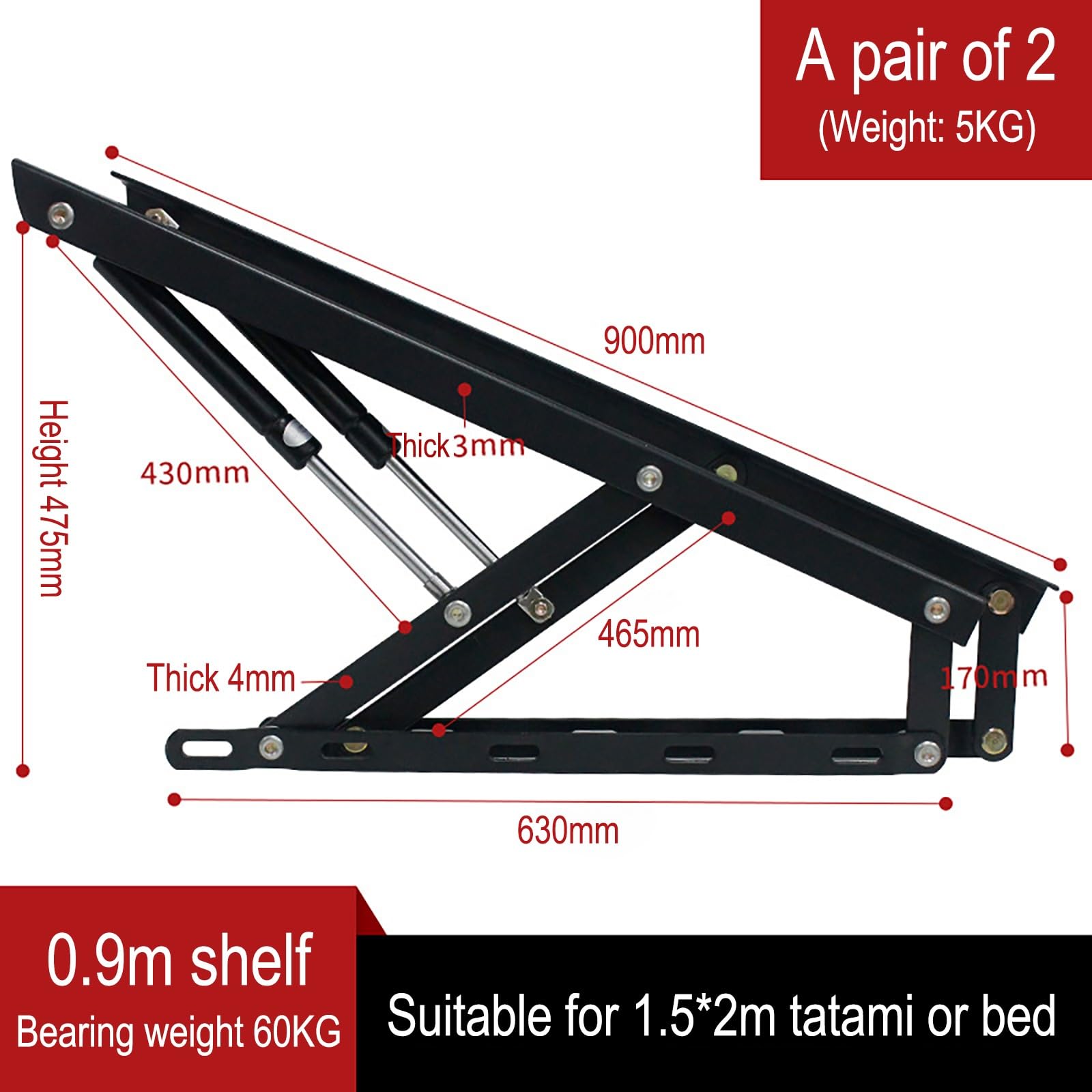 Elevador de Cama hidráulico, 1 par de mecanismos de elevación de Cama Plegables, Mecanismo de elevación de Cama neumático para Cajas de Cama Pesadas, Amortiguador de bisagra de Soporte de Tapa con r