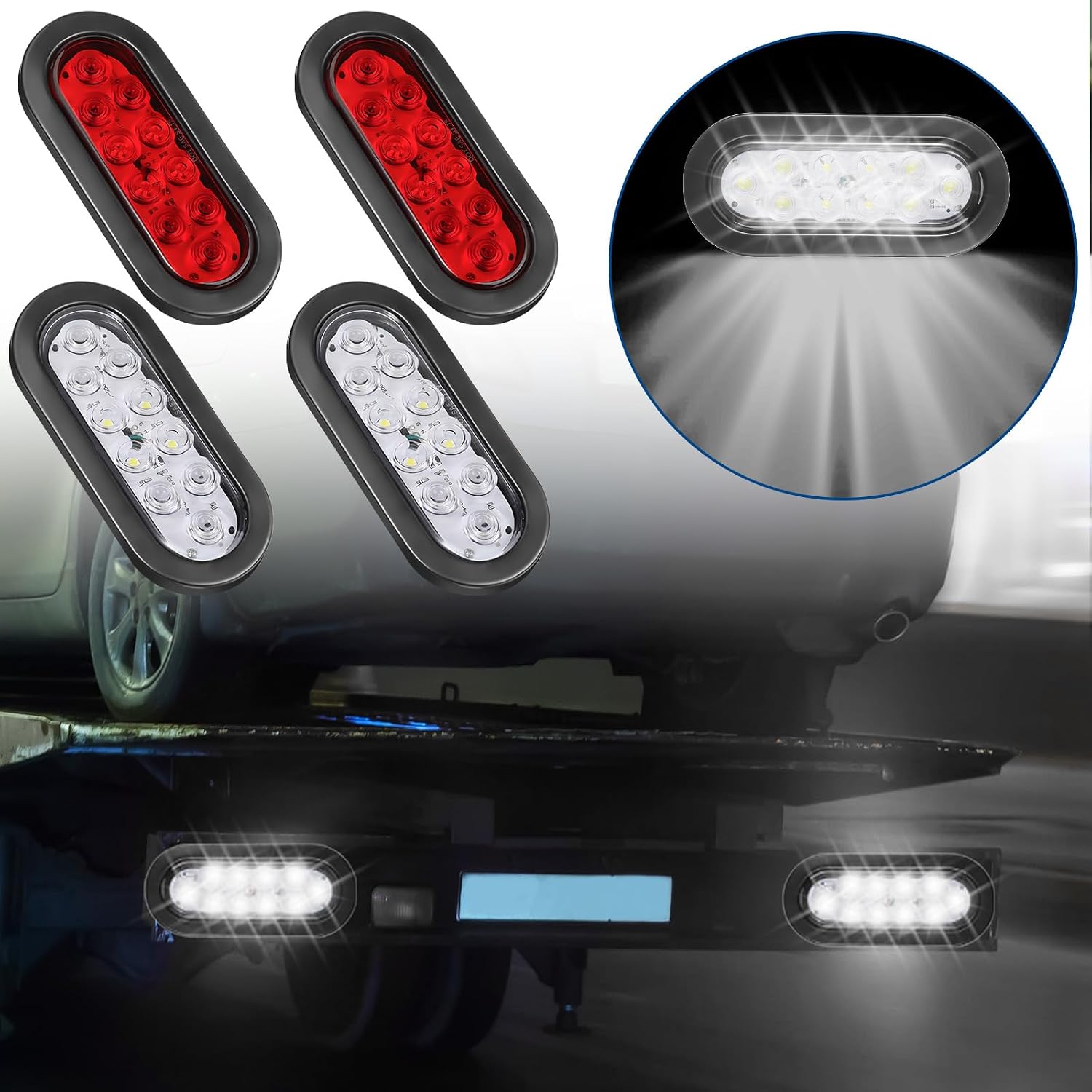 Retisee 16 Pcs 6 Inch Oval LED Trailer Light Kit, 8 Red Tail Brake Lights and 8 White Reverse Lights, IP67 Waterproof Oval Trailer Light with 3 Wire Plug for Truck RV Boat (Red and White)