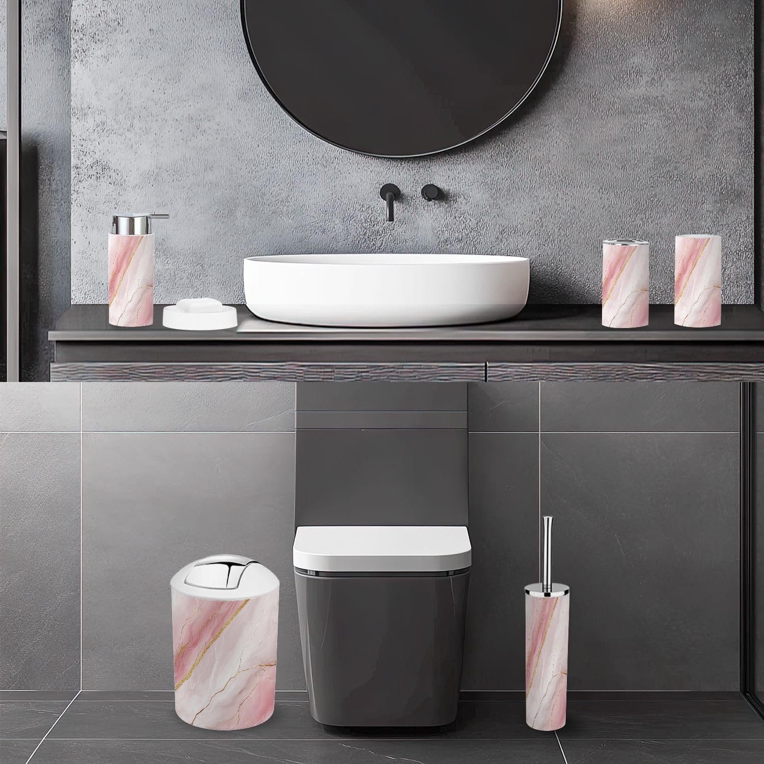 Bathroom Accessory Set 6 Piece Blush Pink Marble Sparkling Gold Veins Abstract Fluid Trash can, Toothbrush Holder, Soap Dispenser, Soap Dish, Toothbrush Cup, Toilet Brush Holder