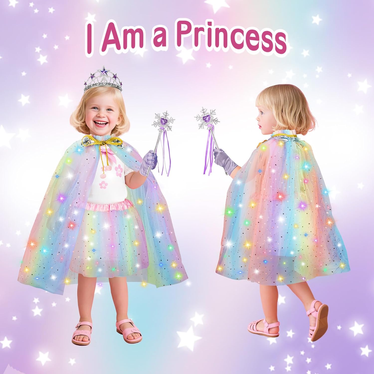 Princess Dress Up for Girls, Light Up Princess Costume Cape Set, Christmas Birthday Gifts Toy for Girls Age 3 4 5 6 - Image 7