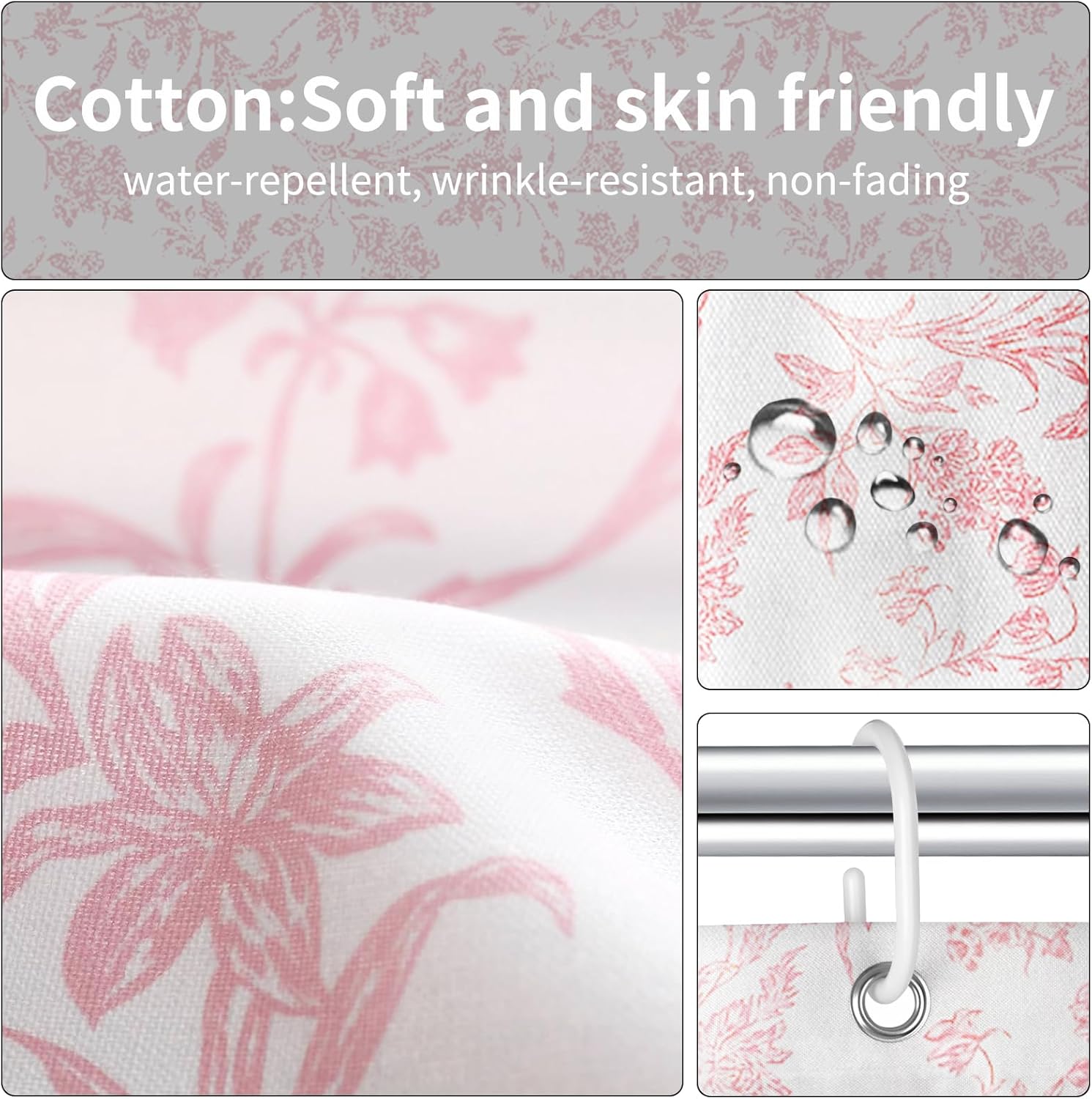 Seorsok Sage Pink Shower Curtain Sets 4 Piece,Cotton Floral Cottagecore Bathroom Shower Curtain Decor Sets,Include Waterproof Shower Curtain Non-Slip Rug Toilet Lid Cover Bath Mat&12 Plastic Hooks