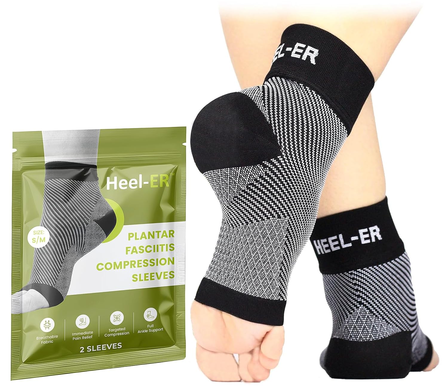 Heel-ER Plantar Fasciitis Compression Sleeves - Ankle Support Socks - Arch Brace for Heel Pain Relief, Spur, Sore Feet for Men & Women (Pair)
