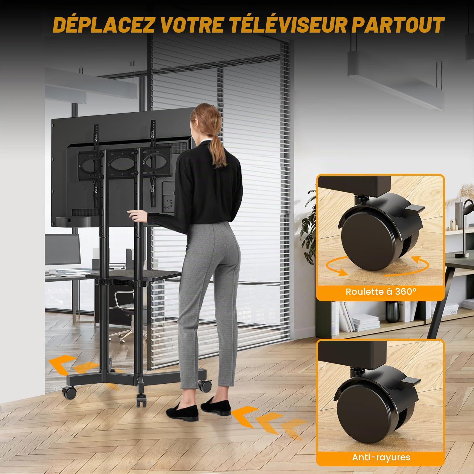 TVON Support TV sur Pied pour Télé de 32 à 75 Pouces, Réglable en Hauteur Support TV roulettes Pied TV avec Etagère Chariot Meuble TV Jusqu 'à 40 kg, Max VESA 400x400mm
