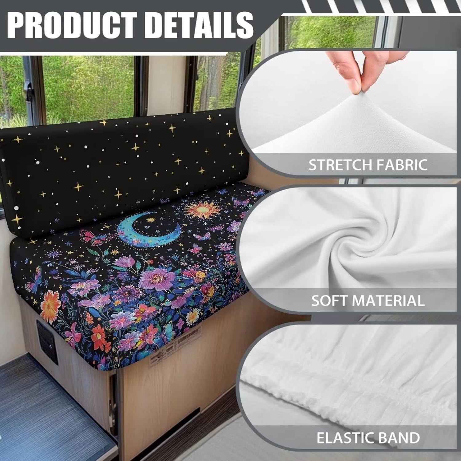 Stretch Loveseat Sofa Cover Slipcover, Moon Floral Couch Covers for 2 Cushion Couch Sofa - Furniture Protector Sofa Cushions with Elastic Bottom for Camper Rv Accessories