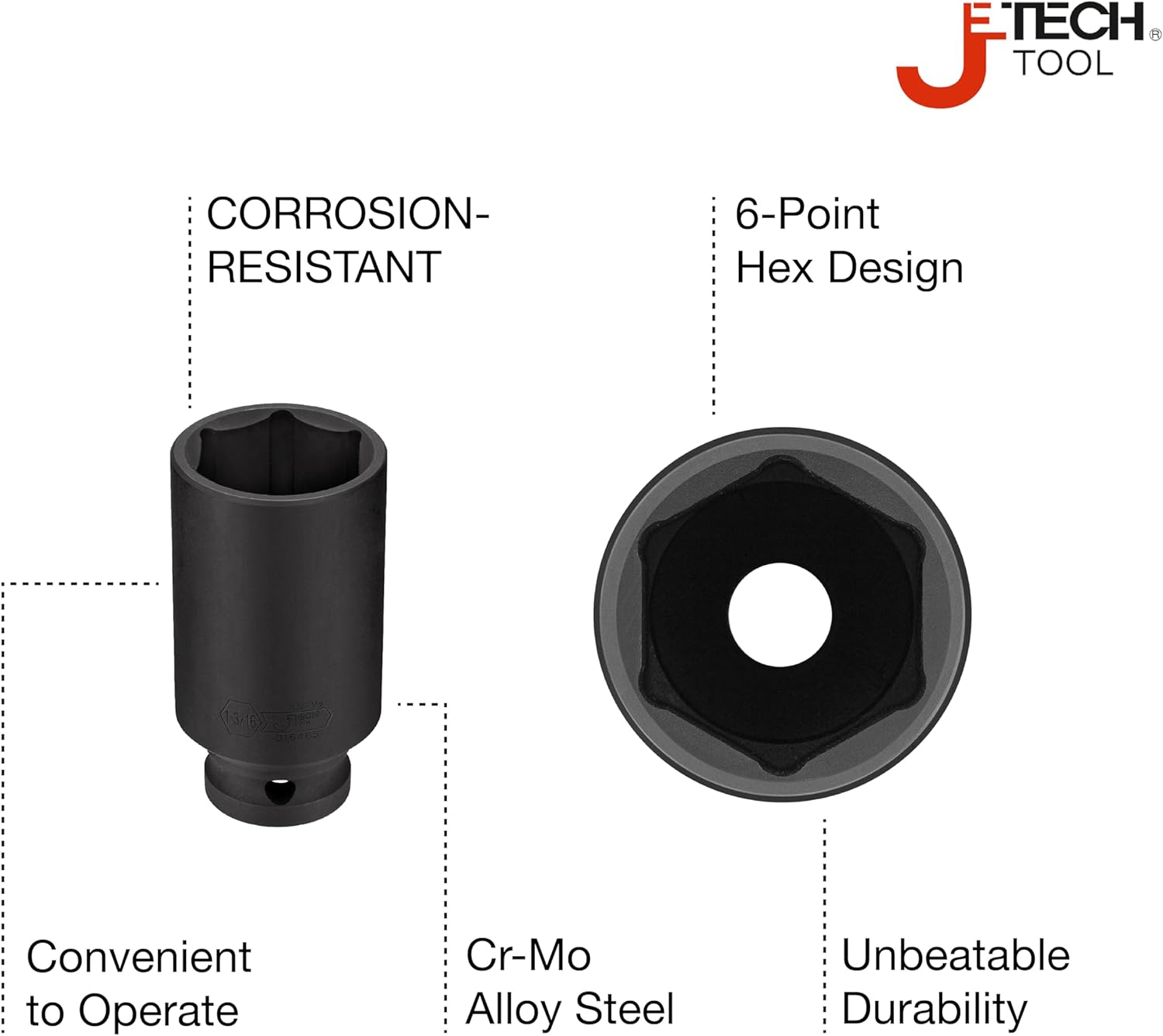 JETECH 1/2 Inch Drive 1-3/16 Inch Deep Impact Socket, SAE Extra-Long Impact Socket, Heat Treated Cr-Mo Alloy Steel, 6-Point Design