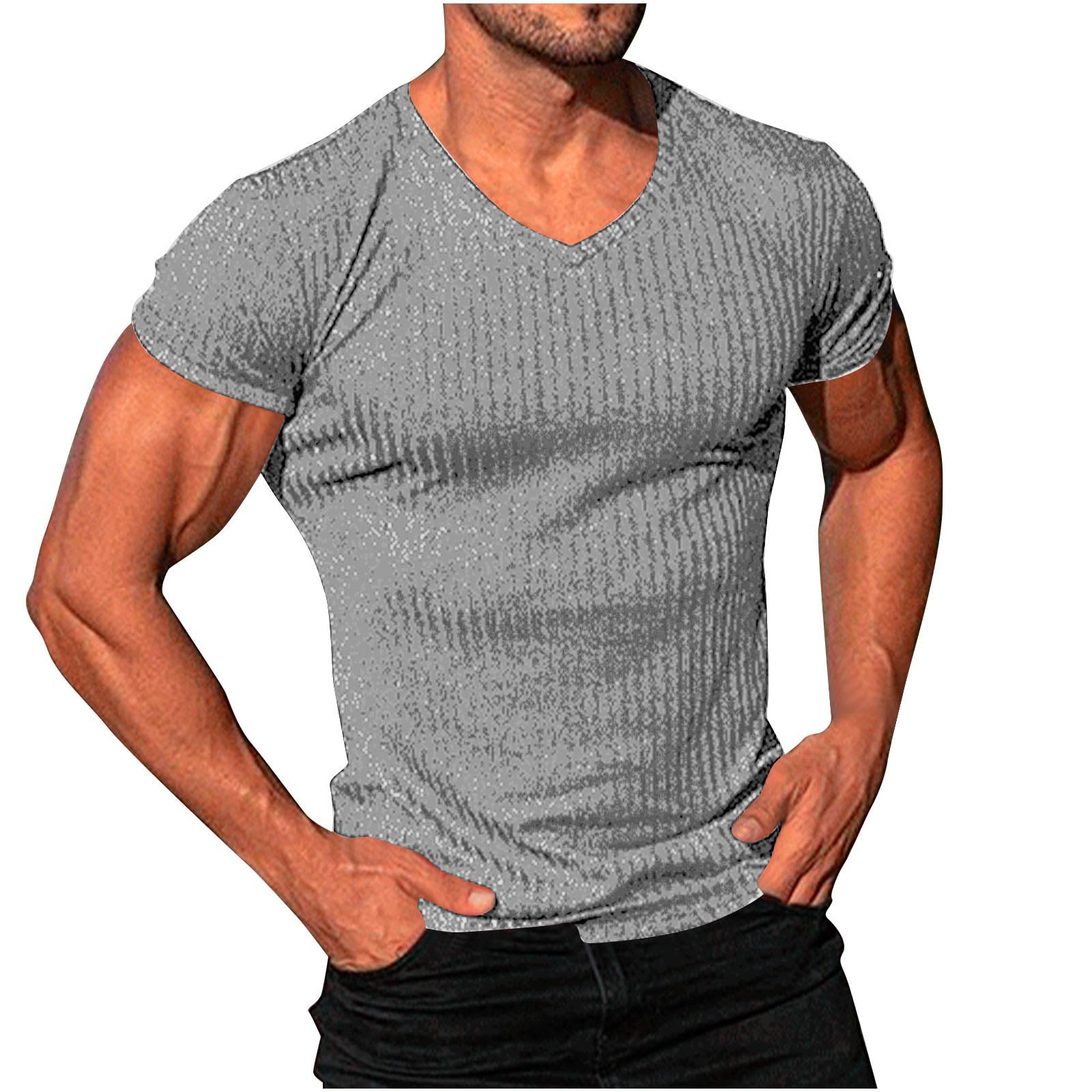 Mens Knit T Shirts Slim Fit Casual V Neck Short Sleeve Men Fashion Ribbed Knit Vintage Sweater Tee