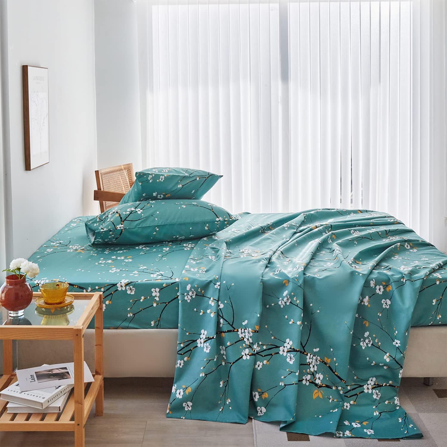 ZRNBAST Teal Sheet Set 4 Pcs Full Sheet Set Floral Print Flat Sheet Fitted Sheet Farmhouse Shabby Bedding Sheets Easy Fit Microfiber Sheets-All Seasons (Teal, Full)