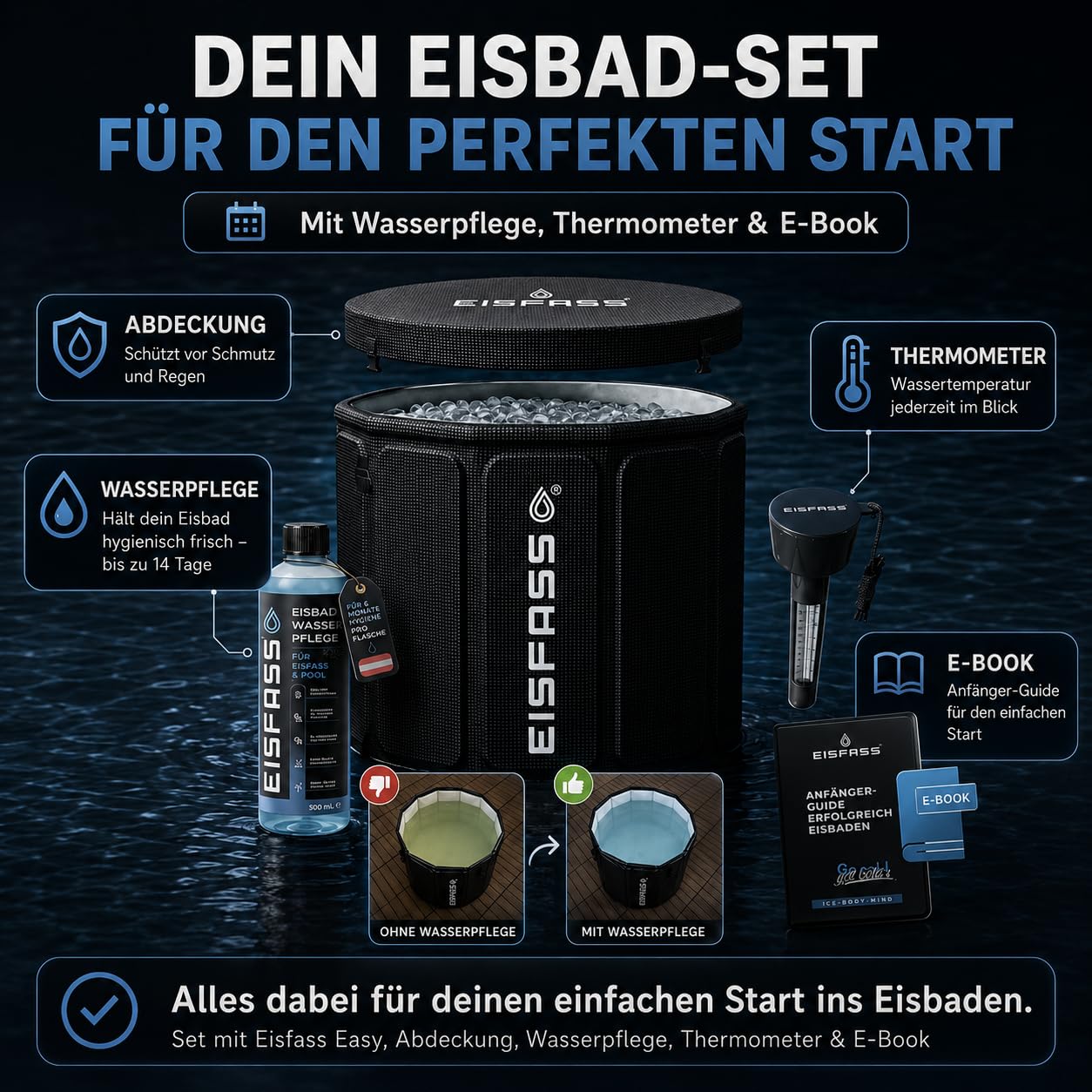 Easy Premium Eisbad für Zuhause – ausklappen, befüllen & direkt loslegen | einfache Eistonne für Kältetherapie & Regeneration | inkl. Deckel, Thermometer, Wasserpflege & E-Book