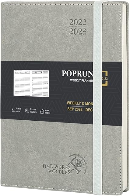 POPRUN 2023 Diary Vertical Week to View 22 x 16.5 cm, Weekly Planner 2023 A5 with appointment (Sep'22 to Dec'23), Vegan Leather Soft Cover, FSC® -certified Paper, Grey