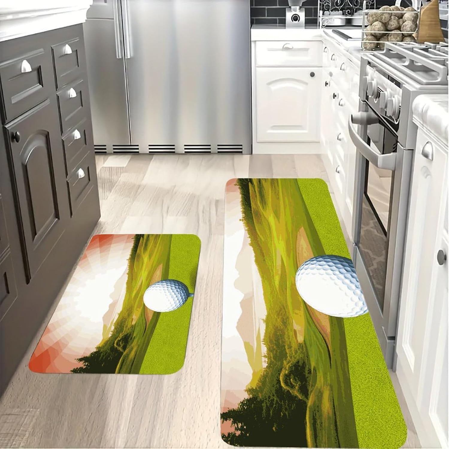 Golf Sport Kitchen Mat Set of 2, Flannel Non-Slip Absorbent Runner Comfort Standing Mats, Washable Kitchen Rugs for Floor Sink Laundry Entryway, 16x24 + 17x47 Inch