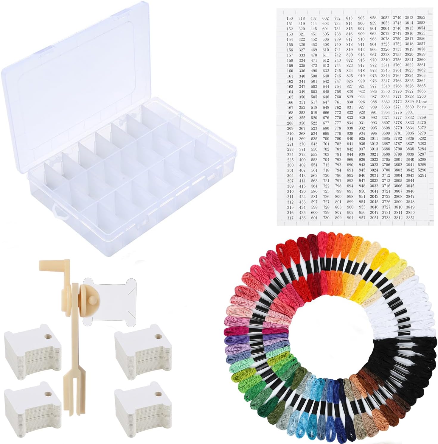 Peirich Embroidery Floss Organizer Box Tools with 62 Skeins Cross Stitch Thread Bobbin Winder, 1 Removable 24 Compartments with 50 Hard Floss Bobbins and Stickers for Craft DIY Embroidery Sewing
