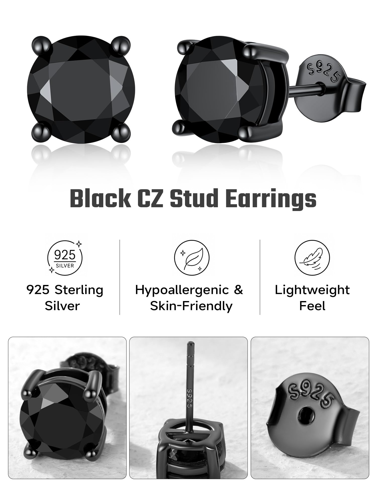 JustBeingCute - Pendientes de tuerca de plata de ley 925 con circonita cúbica negra para hombres y mujeres, hipoalergénicos, joyería de diamantes de imitación para regalos, 5-8 mm
