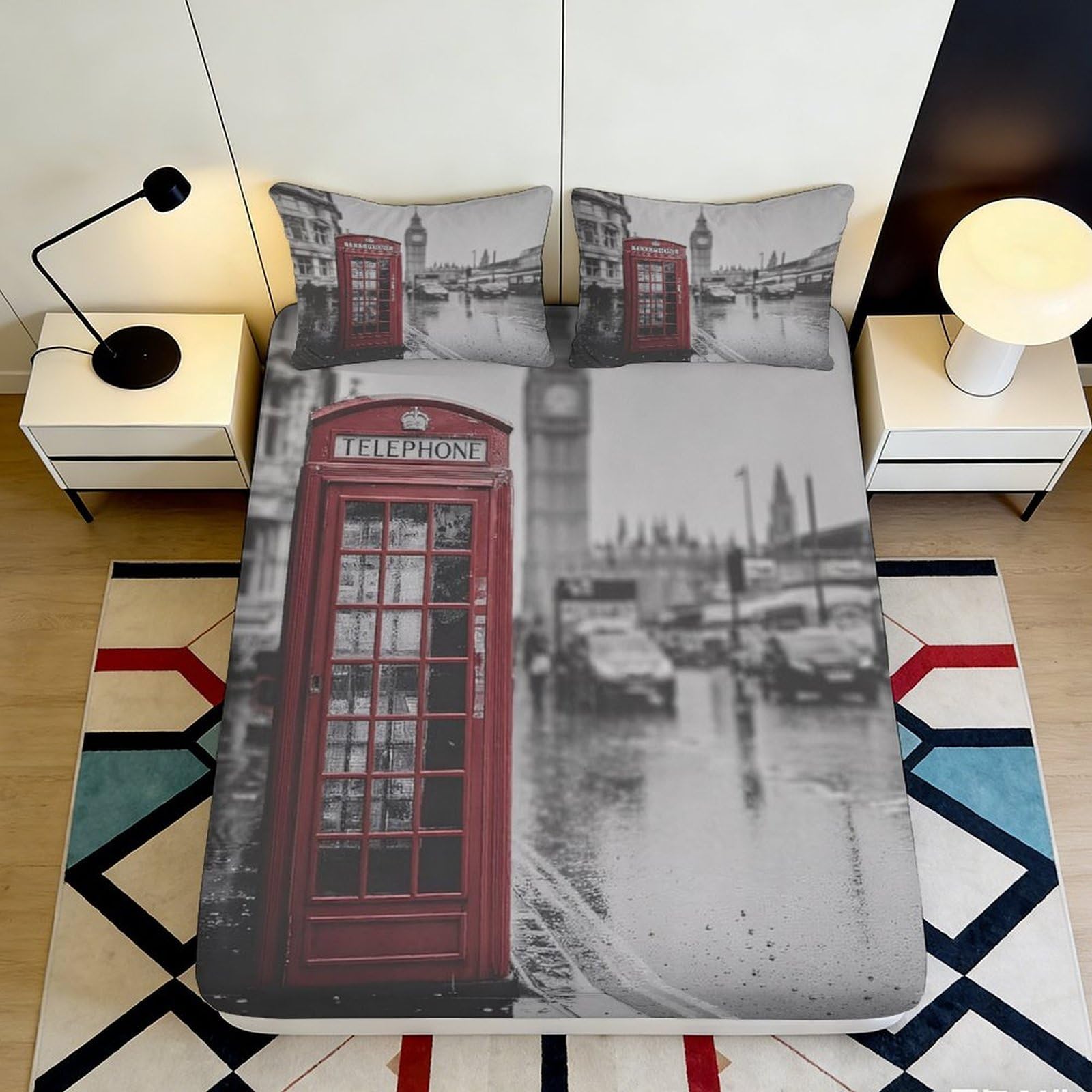 3D Printed London Red Telephone Fitted Sheet Microfiber Soft Urban Big Ben Bed Cover for Bedroom Decor 90x200x25cm