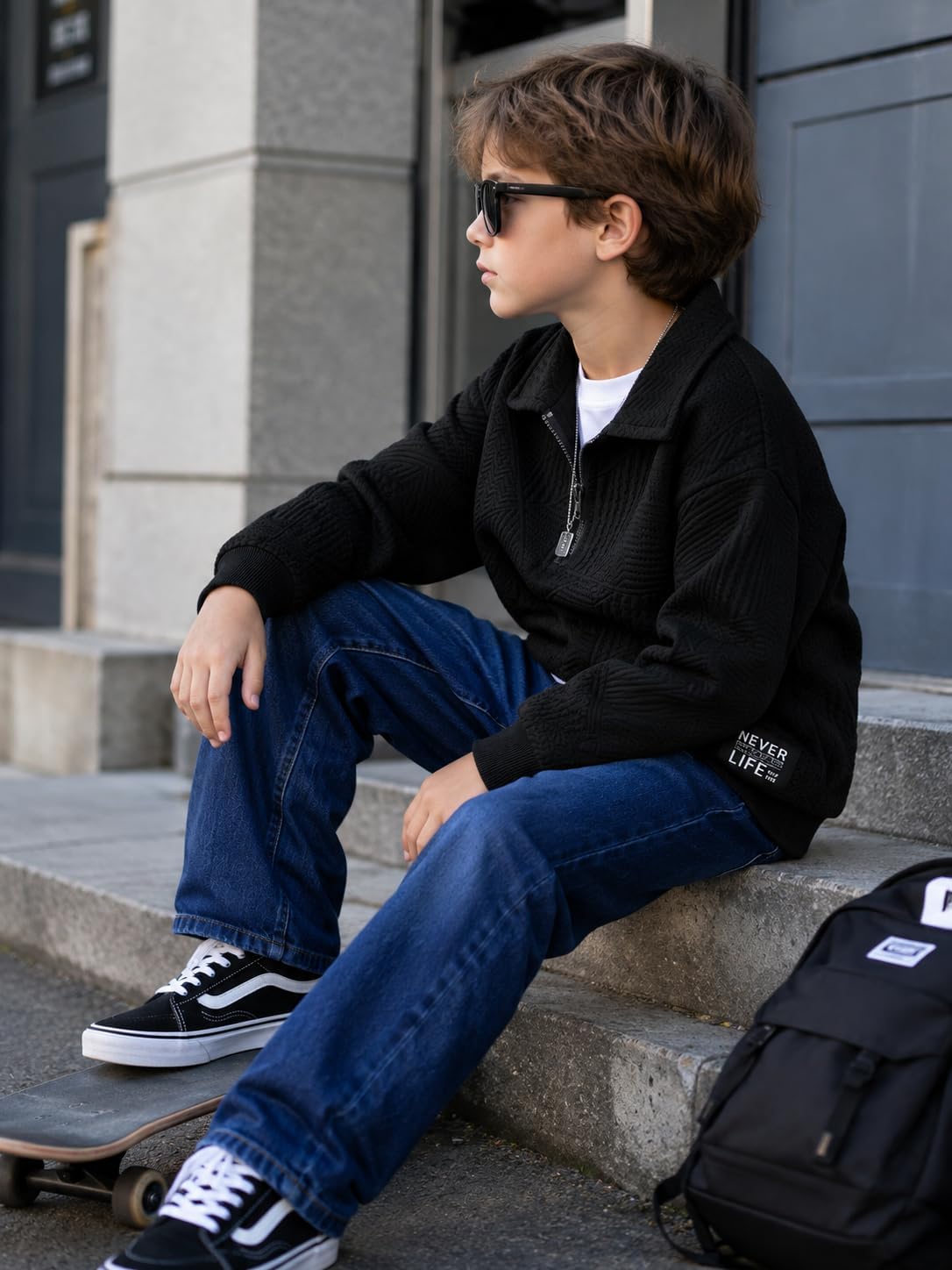 Boy Outfits Long Sleeve Half-zip Solid Sweatsuits Tops and Jean Pants Fall Winter Clothing Set Sizes 7-14 Years