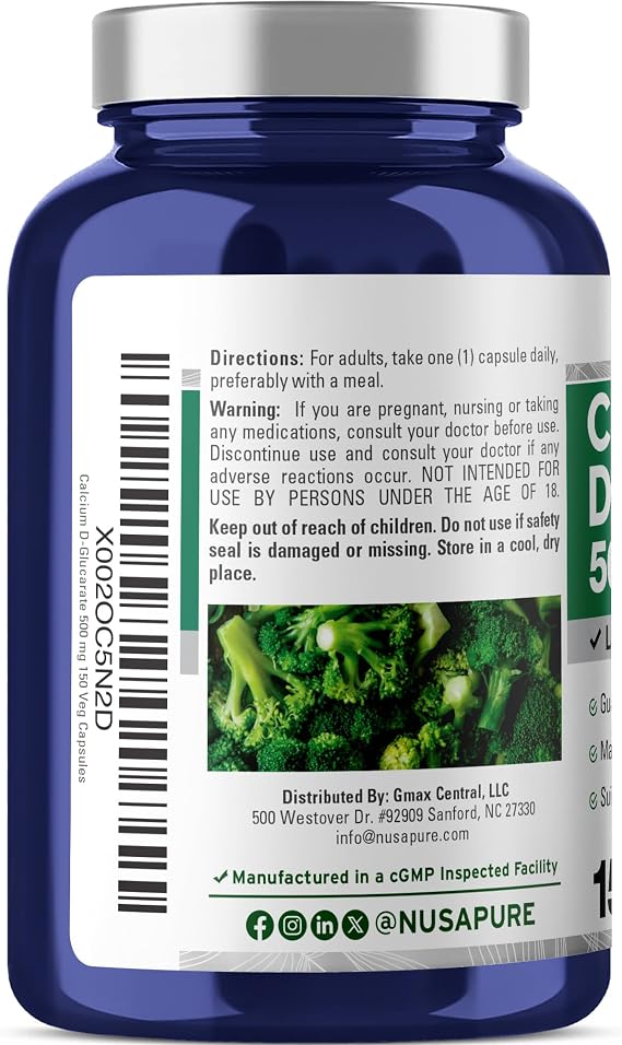 Calcium D-Glucarate, Vegan, Gluten-Free, 500mg, 150 Veg Caps - 150 Servings | Dietary Supplement Formula, Calcium D-Glucarate, Suitable for Adults, Manufactured in a cGMP Registered Facility USA