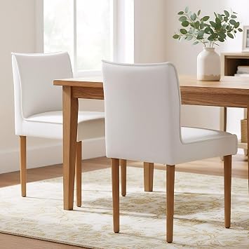 ROCITY White Dining Chairs Set of 2 Upholstered Mid Century Modern Dining Room Chairs Chenille Natural Wooden Kitchen Side Chairs