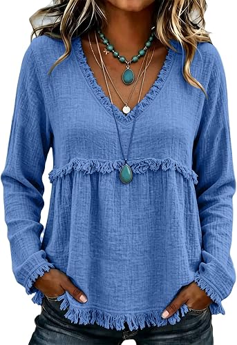 Fall Fringe Womens Boho Tops Cotton Linen V-Neck Blouses Dark Blue
