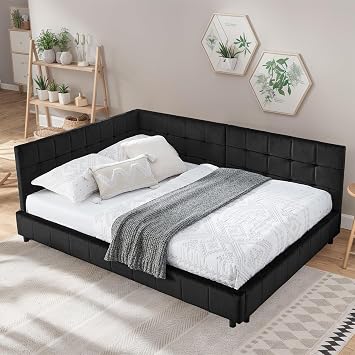 Full Size Daybed, Velevet Upholstered Day Bed with Tufted Backrest and Armrests, L-Shaped Corner Bed Frame for Living Room, Bedroom, No Box Spring Needed Black
