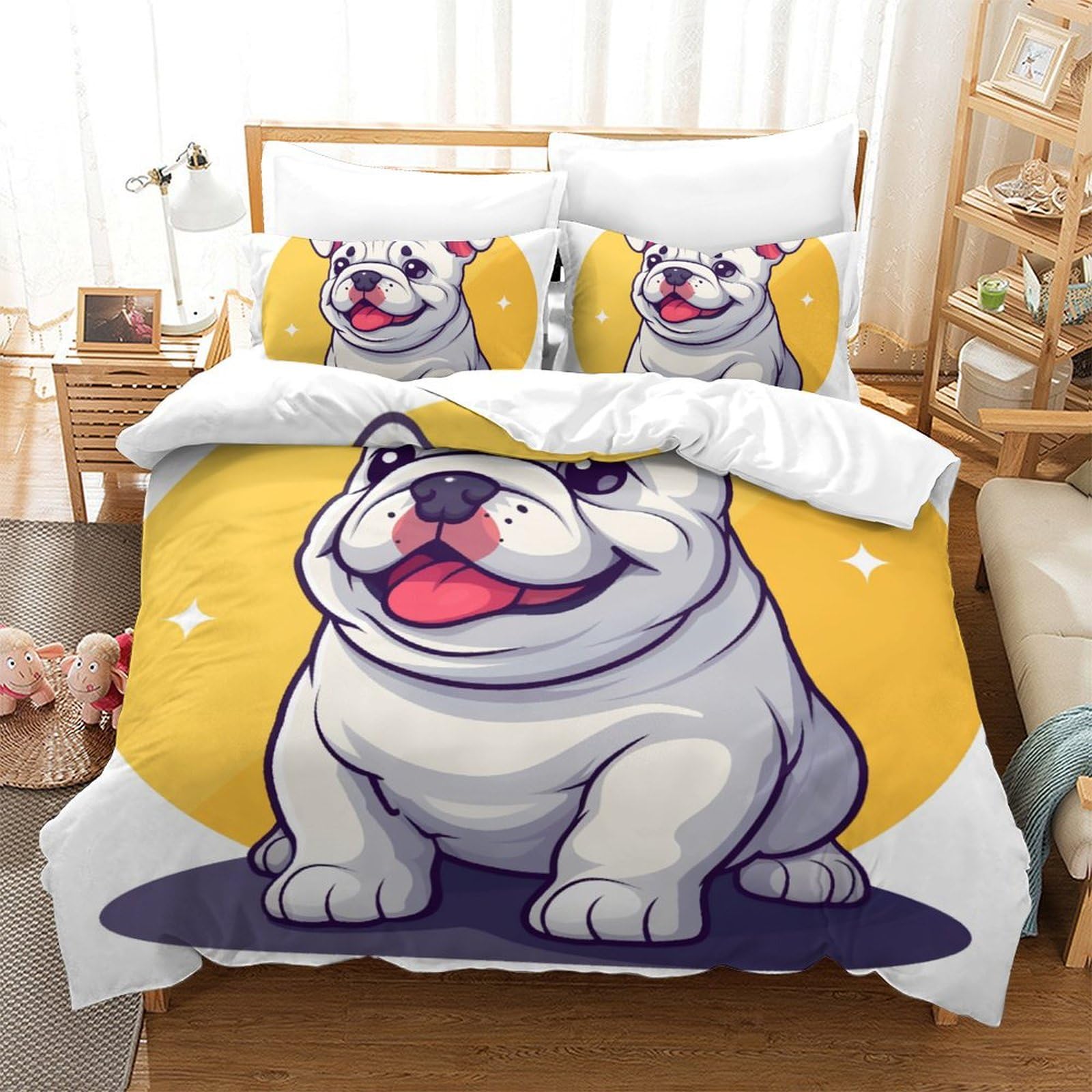 Housse de couette double Bouledogue Français 200x200 cm avec fermeture éclair pour lit 2 personnes