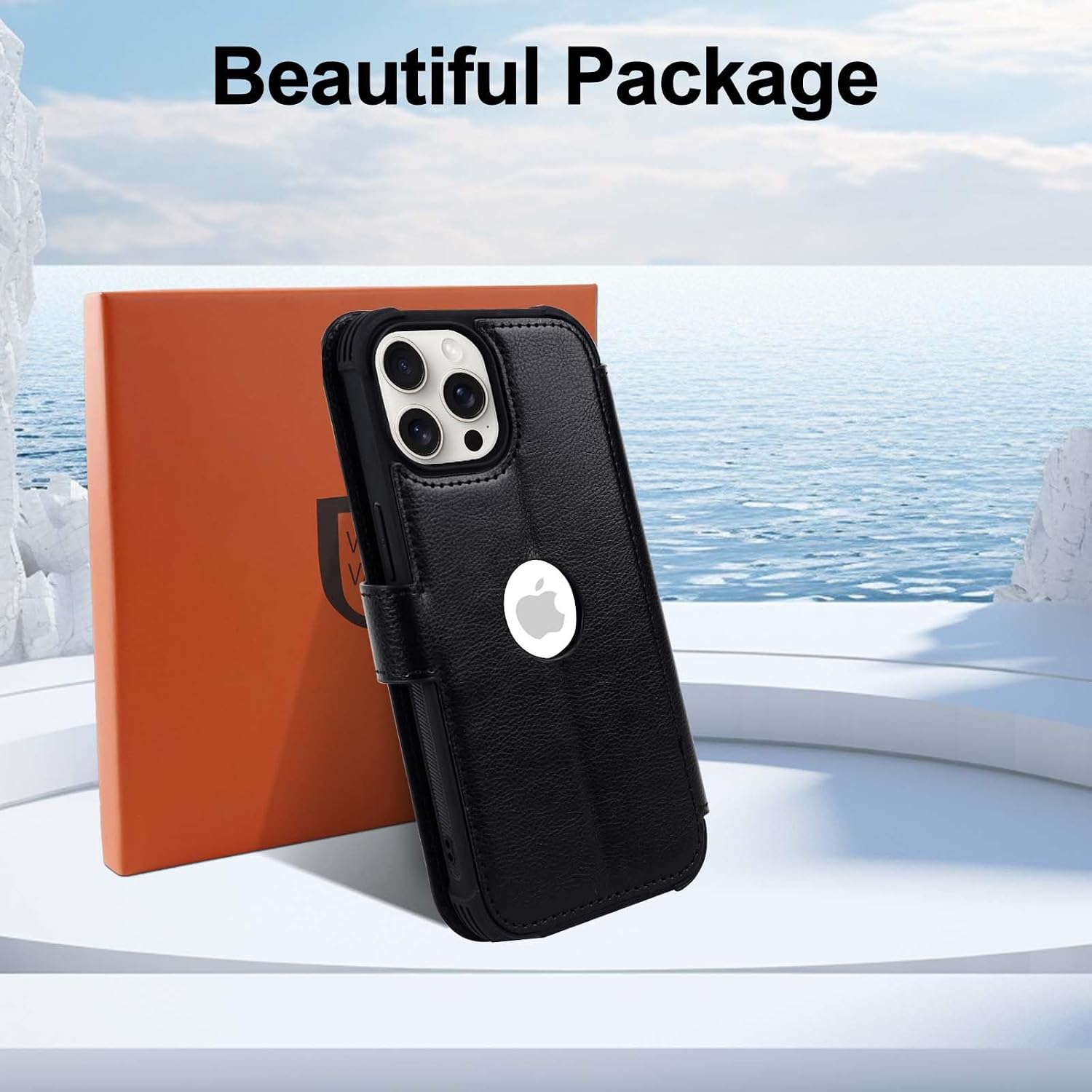 VANAVAGY Compatible for iPhone 15 Pro Max Wallet Case, PU Leather Flip Cover with Strap for Wireless Charging with RFID Blocking Card Holder,[Screen Protector & Camera Cover],Black