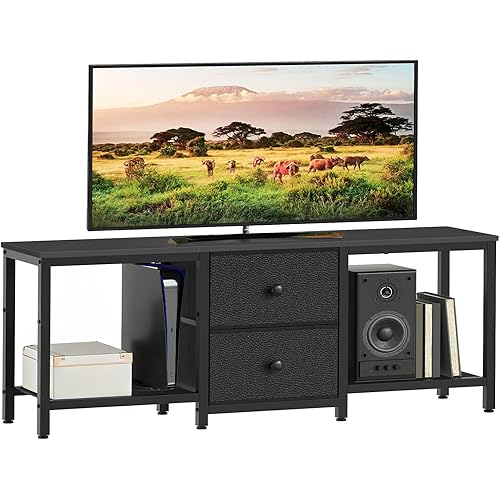 TV Stand for TVs up to 55", Entertainment Center with 2 Fabric Drawer, Media Console with Shelves, Television Stands for Living Room, Bedroom, Black DS02BB