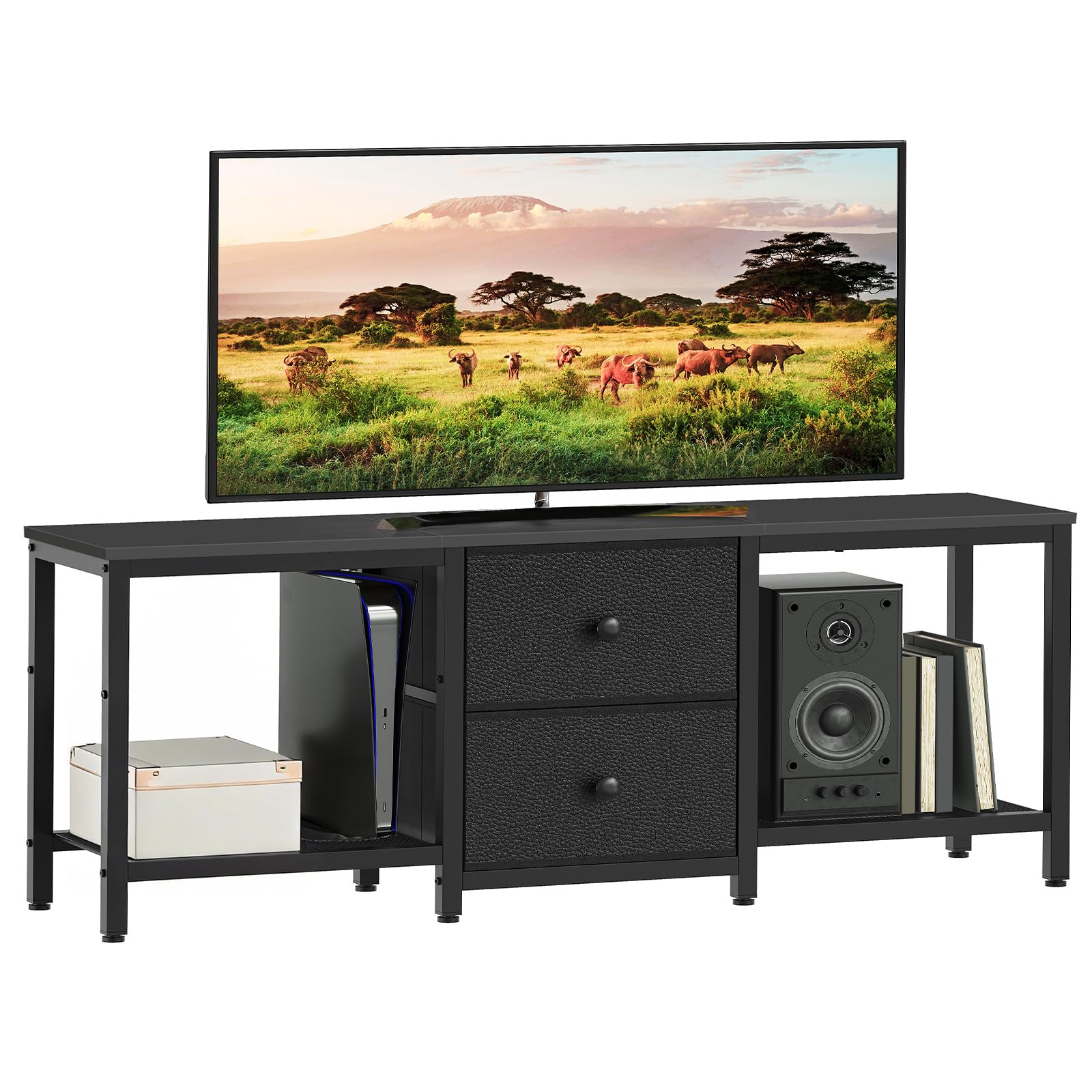 YATINEY TV Stand for TVs up to 55", Entertainment Center with 2 Fabric Drawer, Media Console with Shelves, Television Stands for Living Room, Bedroom,