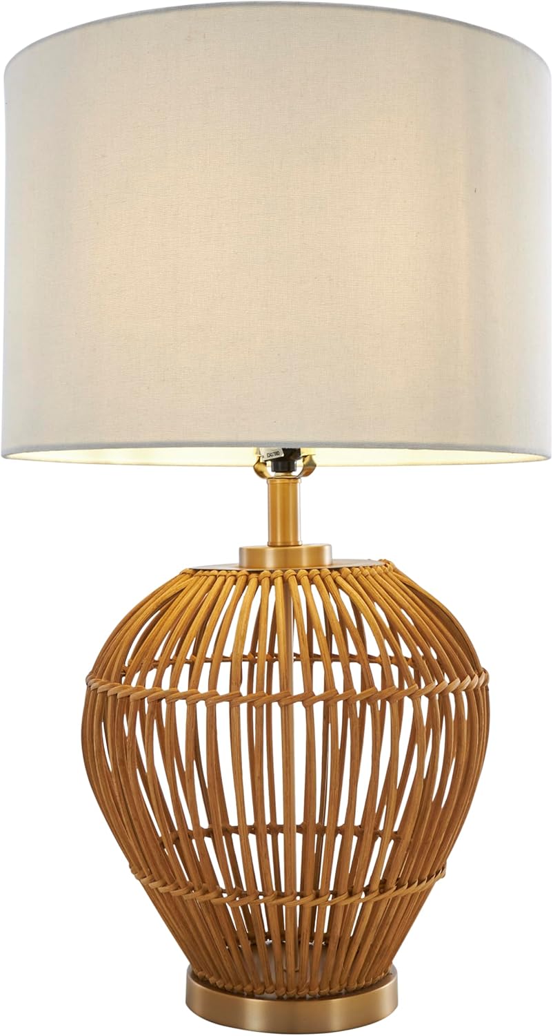 Deco 79 Rattan Handmade Room Table Lamp Woven Open Frame Accent Lamp with Gold Accents, Lamp 16" x 16" x 28", Brown