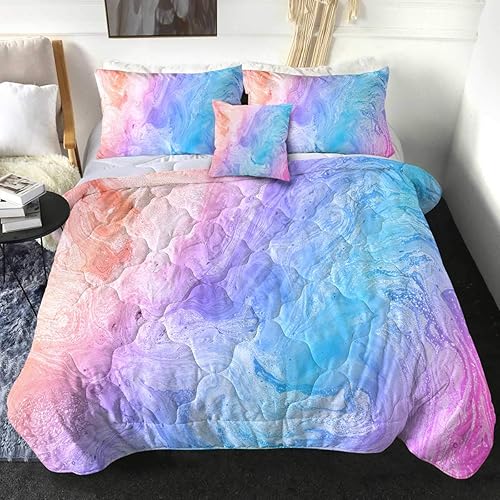 Sleepwish Tie Dye Queen Comforter Set Kids Girls Pink Blue Marble Bedding Set for Adults Women 4 Piece Colorful Pastel Bed Set ModernTrendy Bedspreads