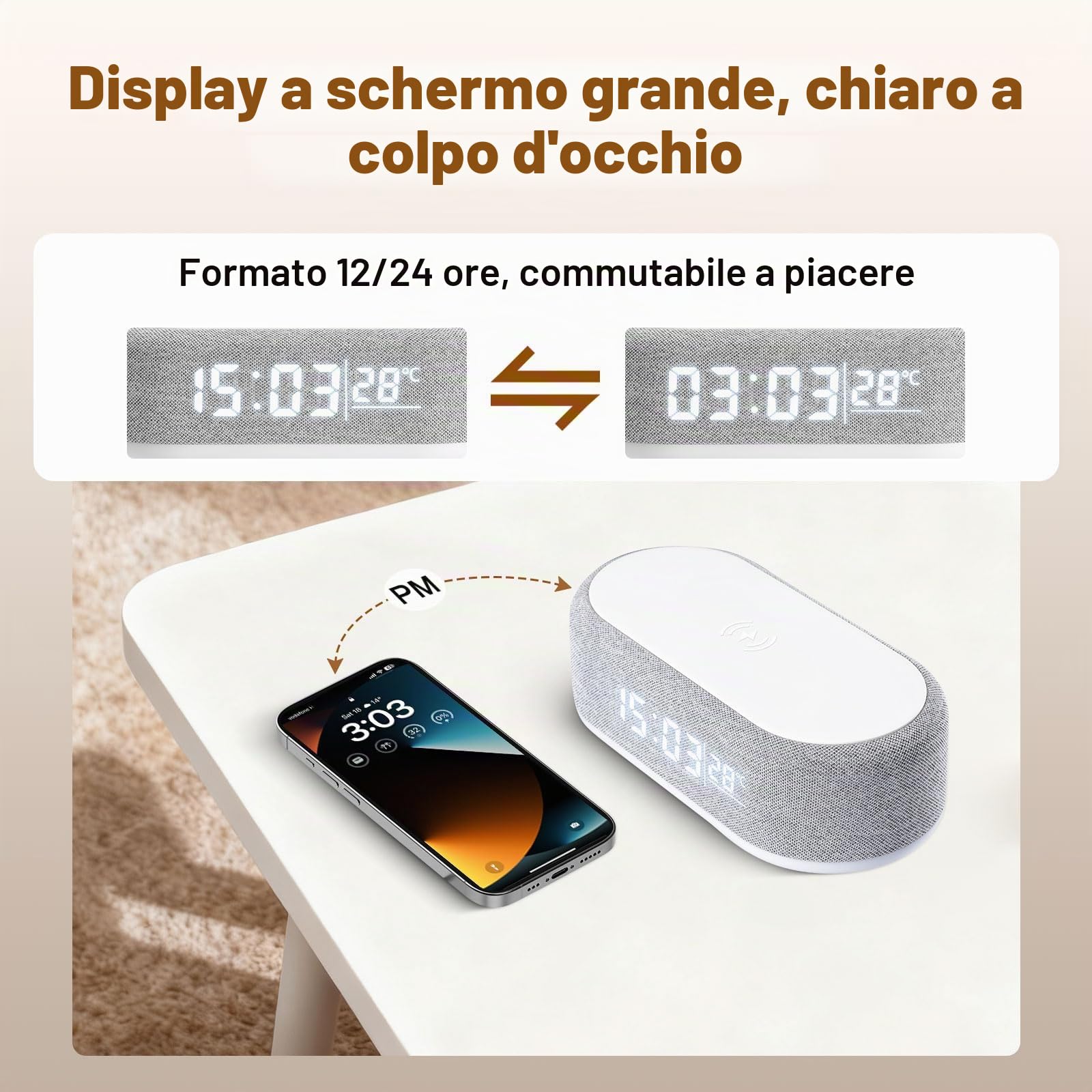 4 In1 Sveglia Digitale, Caricatore Wireless, Sveglia intelligente con orologio, termometro e luce LED, luminosità regolabile