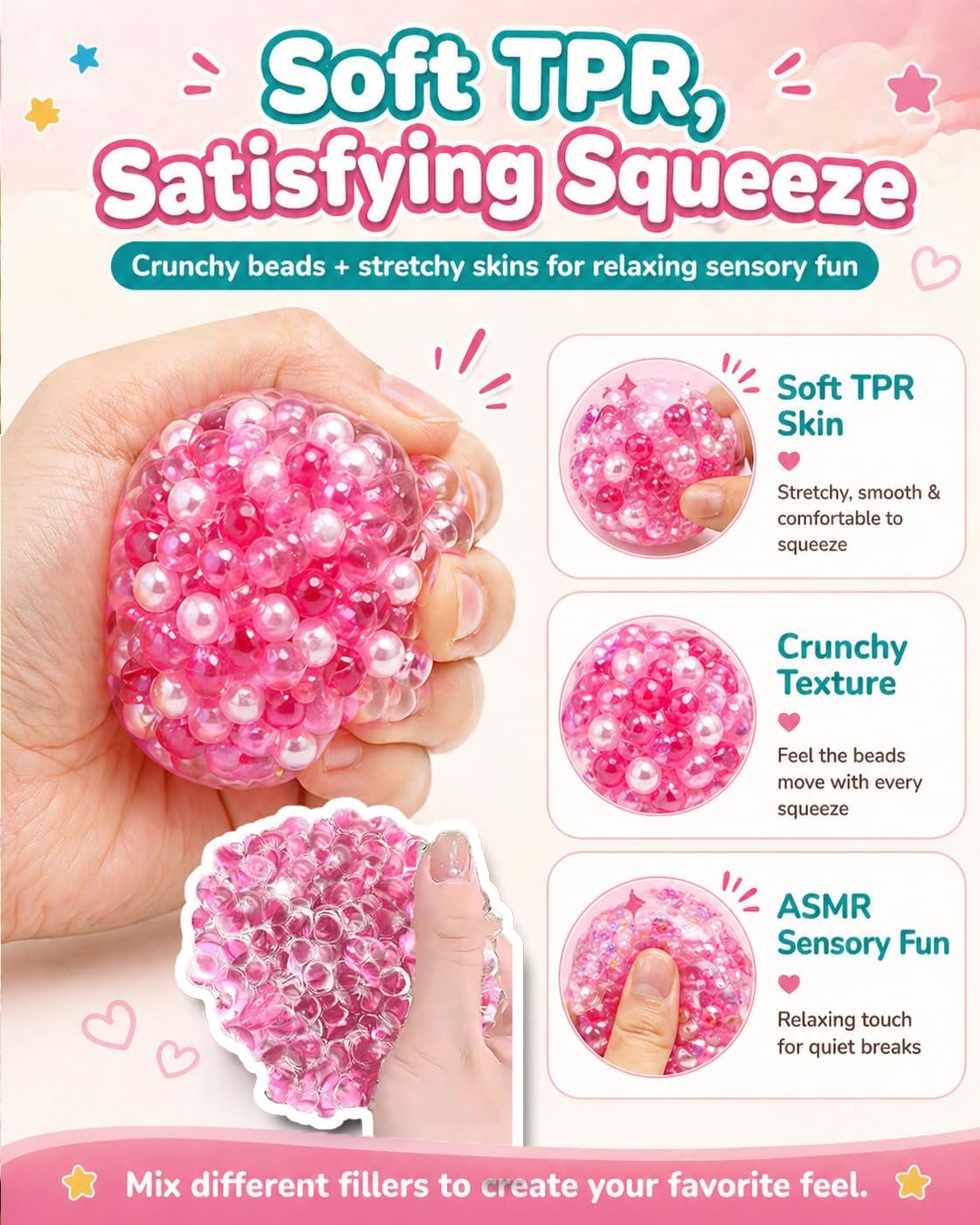 DIY Stress Ball Making Kit 15 TPR Skins,4.2 oz Fillers,1 Vacuum Tool,20 Cable Tie for Create ASMR Anxiety Relief Toys Crunchy Relaxing (15pcs)