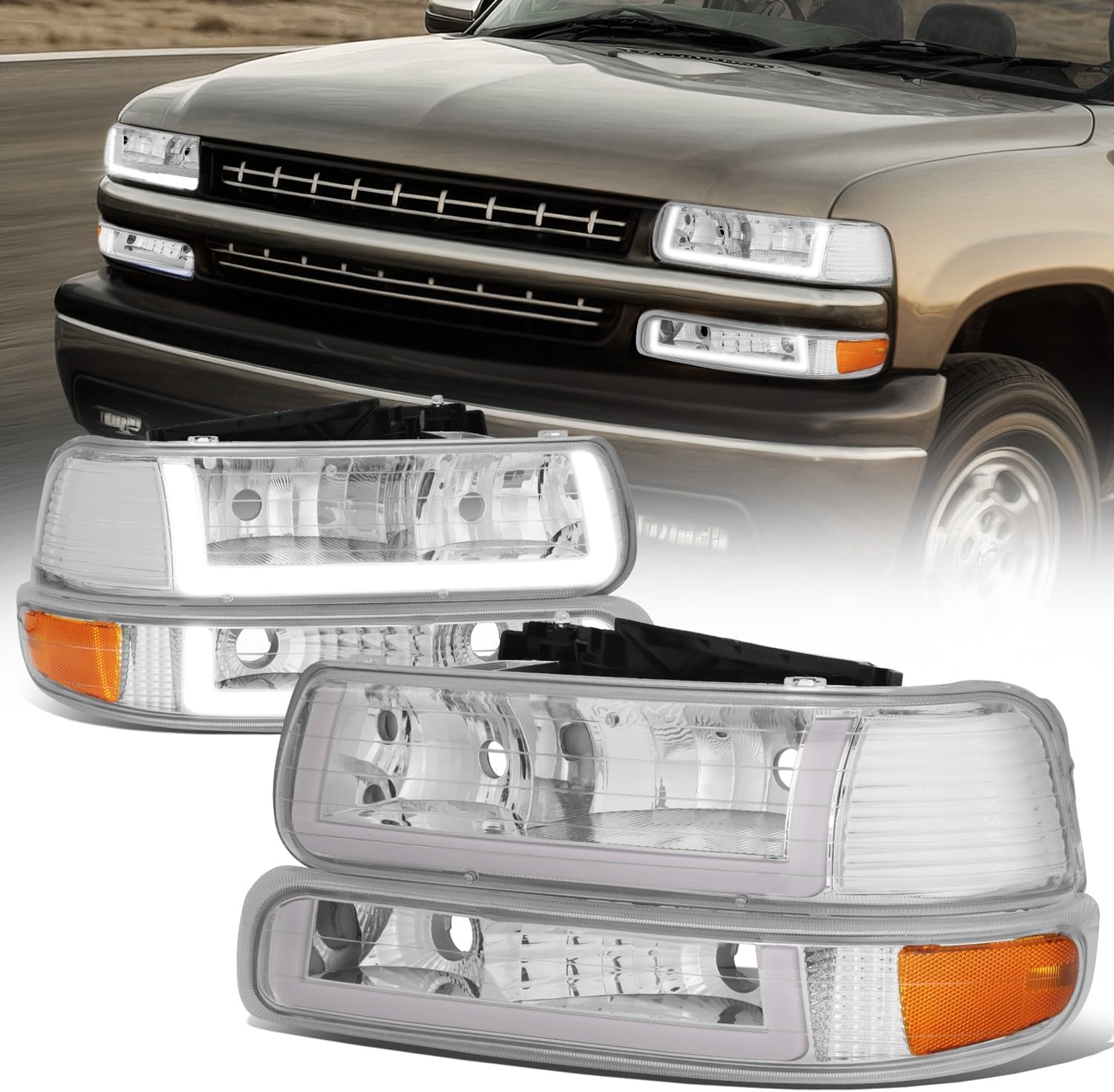Auto Dynasty LED DRL Headlights Assembly Compatible with 1999-2006 Chevy Silverado Suburban 1500 2500 HD 3500 Tahoe, Headlamps Replacement LED Daytime Running Light/Side Marker, Chrome/Amber