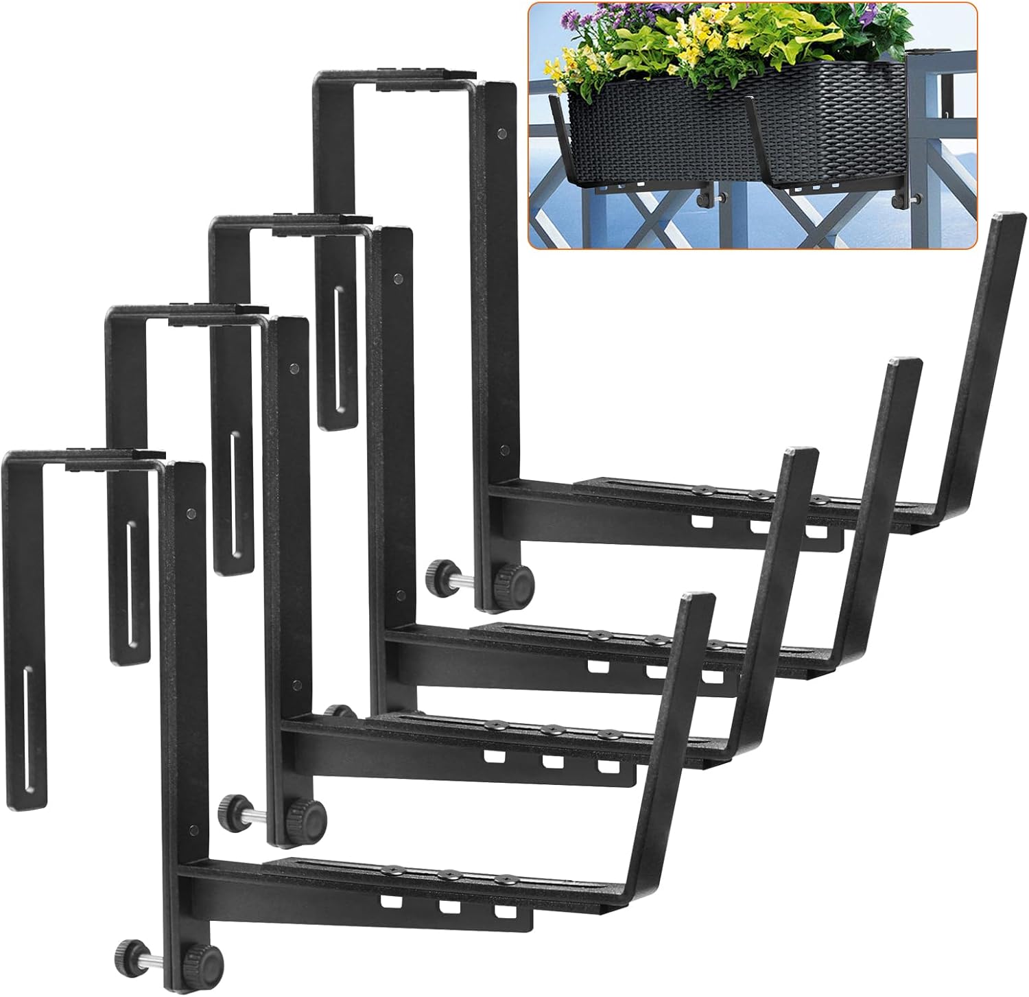 4 Pcs Adjustable Railing Planter Boxes Brackets,Heavy Duty Iron Window Box Planters Holder Outdoor for Railings,Windowsill,Patio,Deck,Garden,Balcony,Fence,Wall,Porch,Black