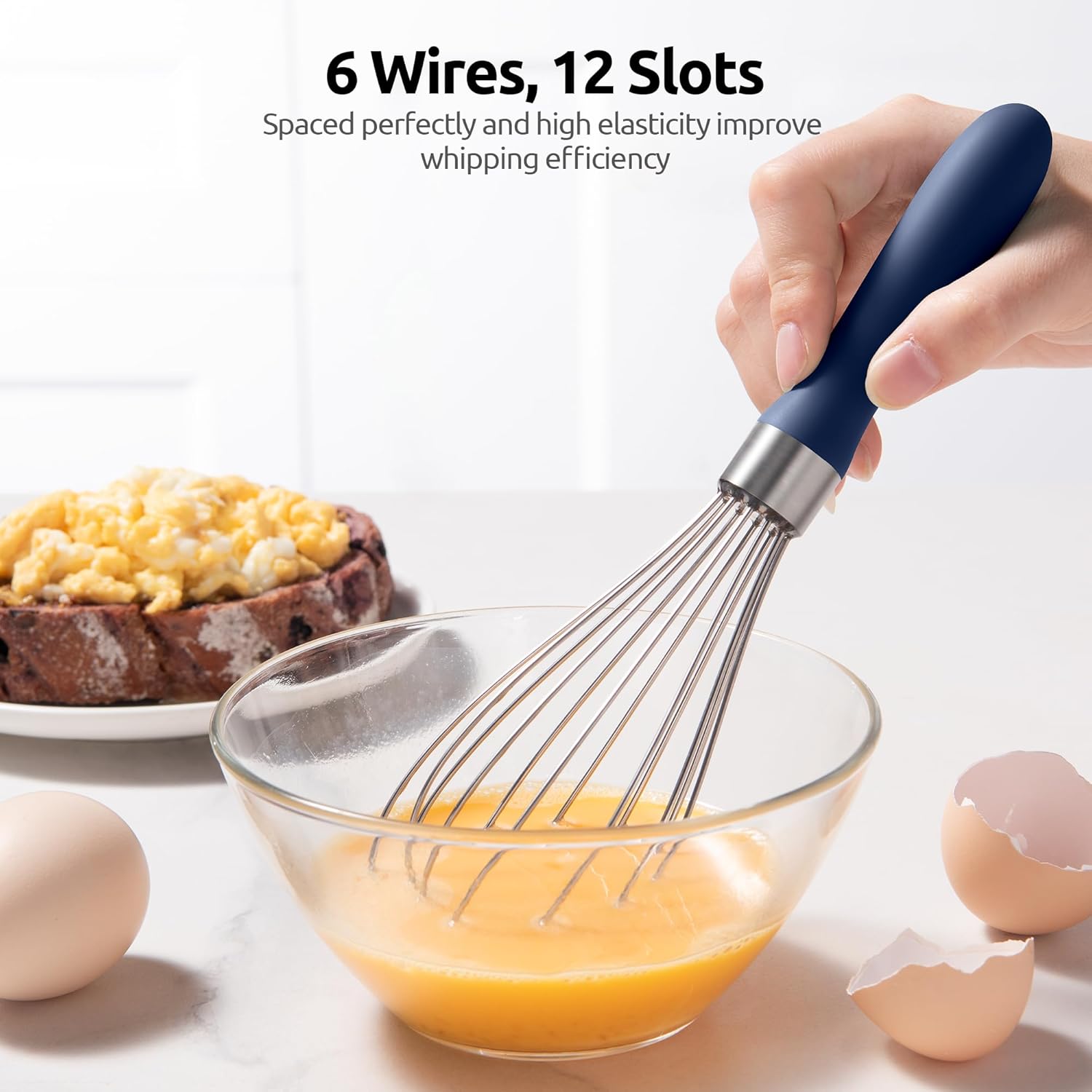 U-Taste 9" Small Egg Whisk: 18/10 Stainless Steel Kitchen Cooking Wire Balloon Wisk, Heavy Duty Metal Beater Stirrer, Manual Baking Tool with 6 Flex Wires for Mixing, Blending Sauce (Midnight Blue) - Image 4