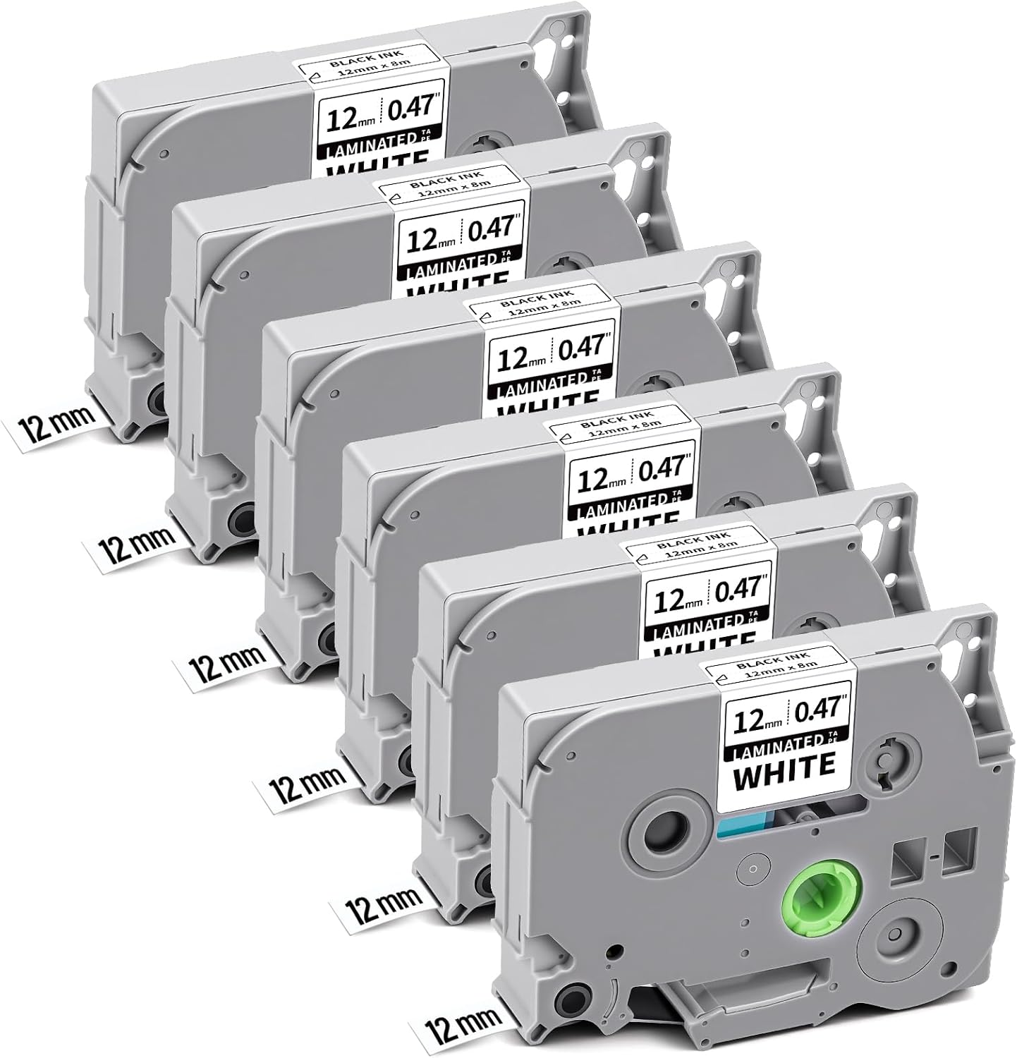 6-Pack TZE-231 12mm 0.47 Laminated White Tape Compatible for Brother P Touch Tze-231 TZ Tze231 1/2" Black on White PTouch Label Maker Tape 12mm x 8m Refills for PT-D220 D210 H110 D400 D200 1280 D610BT