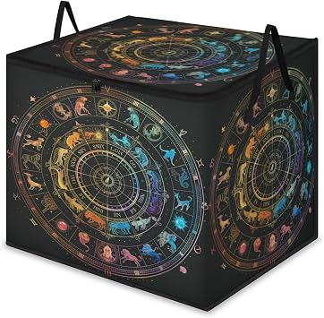 Large Horoscopes Circle Signs Storage Bags with Lid, XL Blanket Clothes Storage Bins, Foldable Organizers Storage Containers with Handle for Comforters Bed Sheets Pillows, Zodiac Wheel