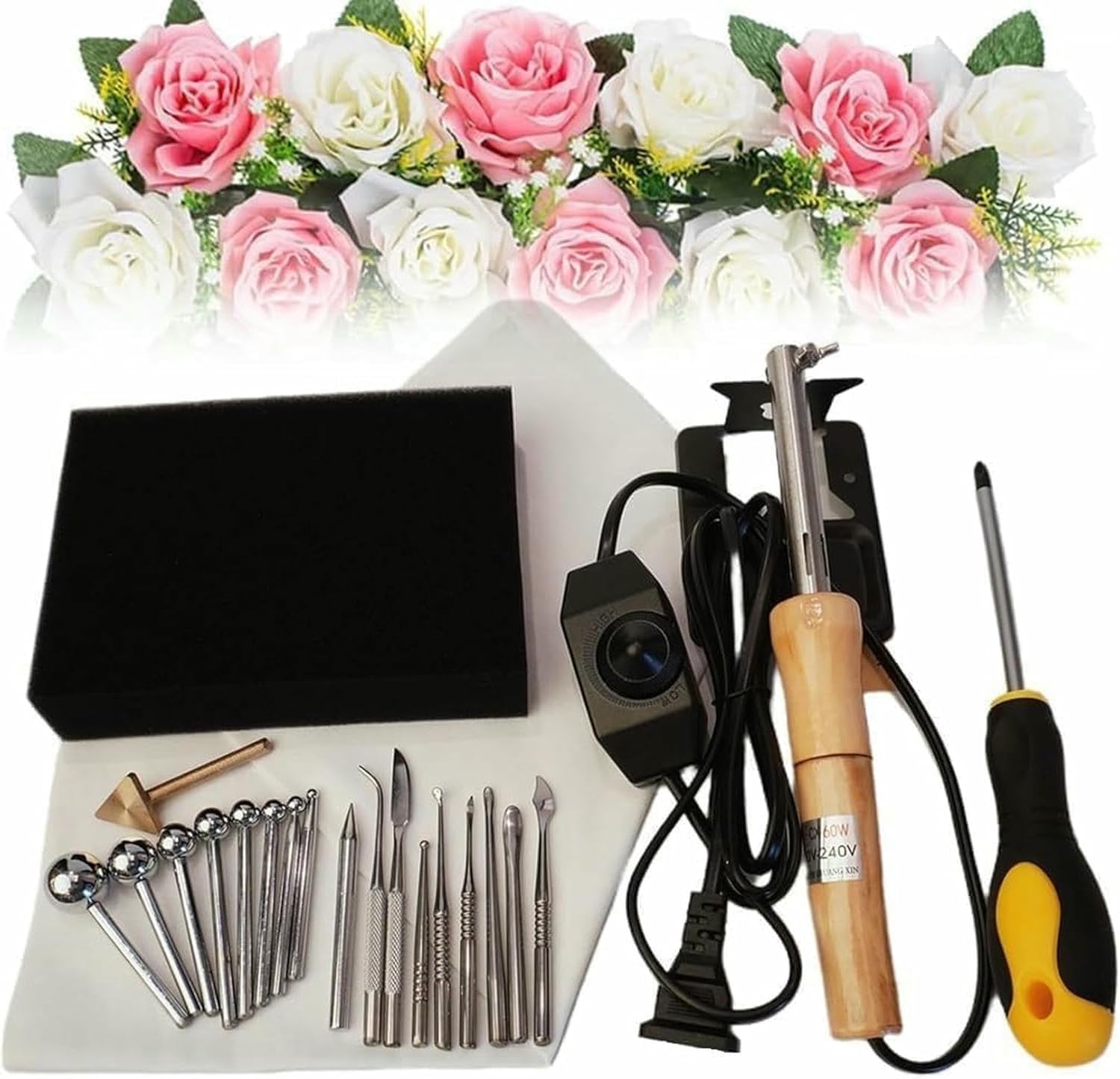 Fabric Flower Maker Tools with Adjustable Temperature, DIY Artificial Flower Electric Ironing Machine, 18 Ironing Heads Artificial Flower Ironing Machine