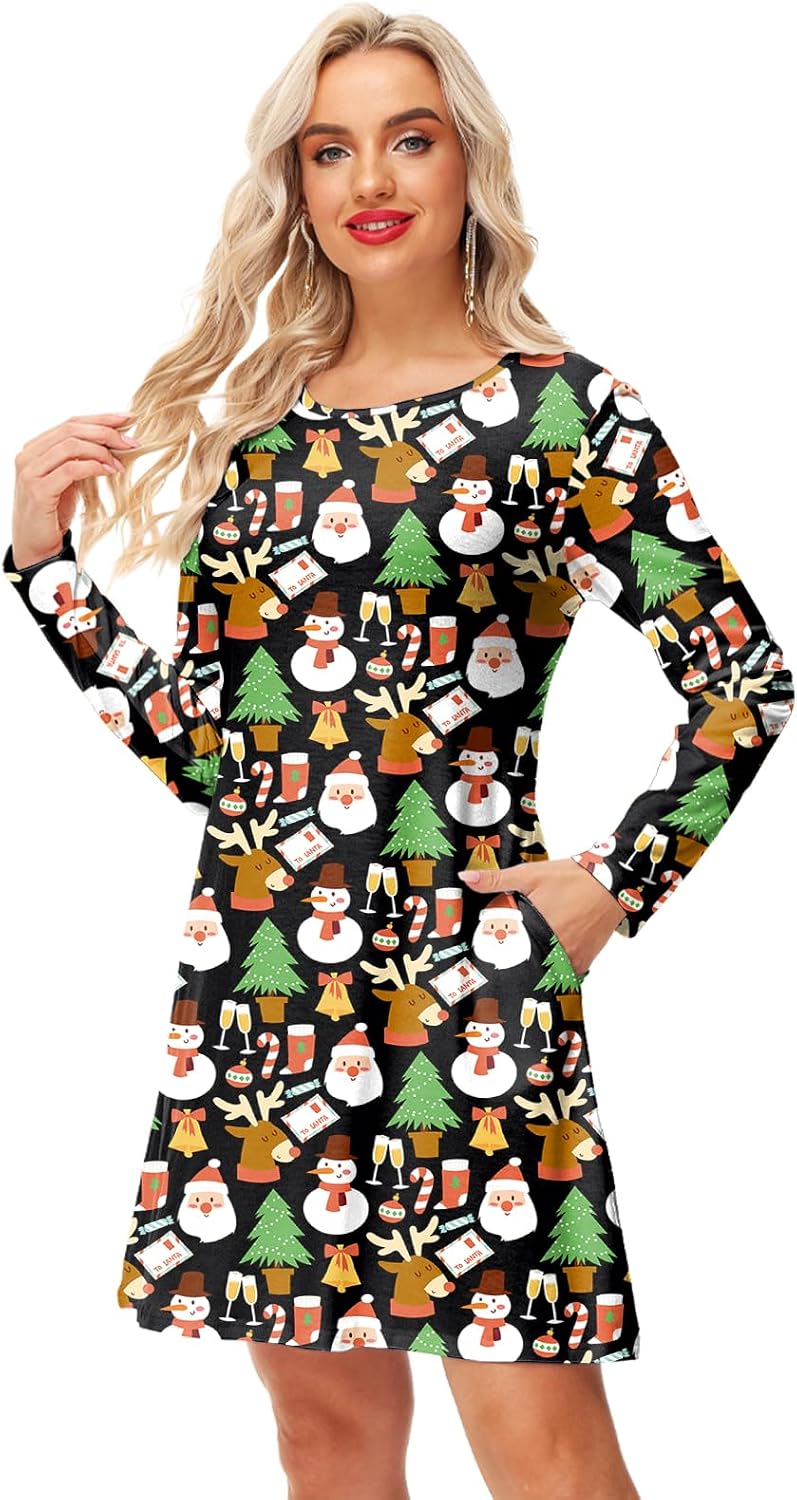 Deerose Women Christmas Dress Long Sleeve Xmas Holiday A Line Dresses