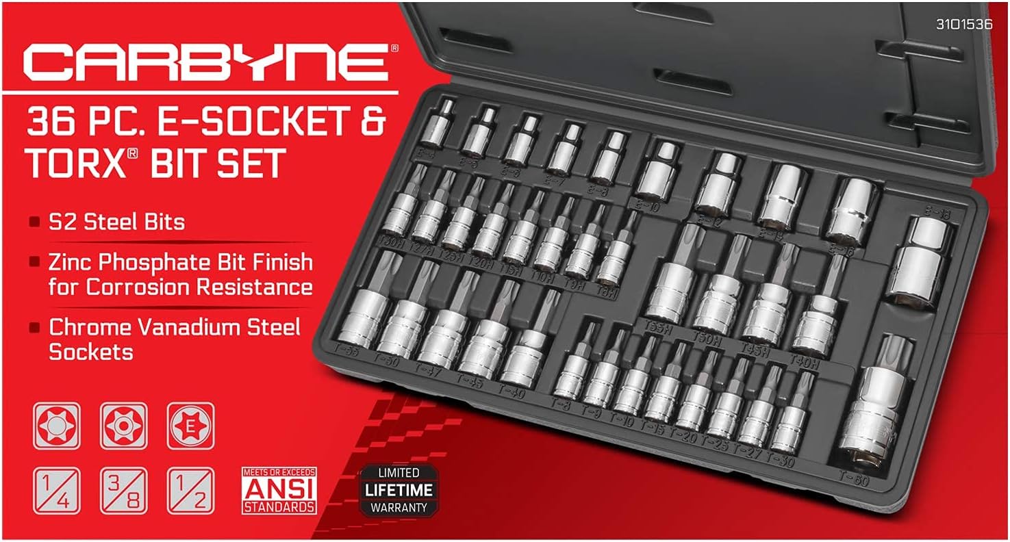 CARBYNE 36-Piece Torx Bit Socket and E-Torx Socket Set, T8 to T60, Tamper-Resistant Security Torx TT8 to TT55, External E4 to E18, S2 Steel Bits, 1/4 in 3/8 in and 1/2 in. Drive, Genuine Licensed Torx