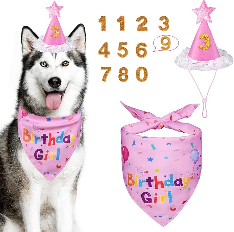 Sombrero de fiesta de cumpleaños para niña y perro, suministros para fiesta de cumpleaños para perros | Juego de bandana de cumpleaños para perros con números para Gaint y cachorro extra grande (rosa)