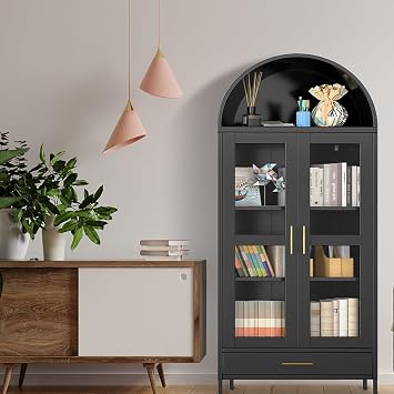 73" Tall Arched Storage Cabinet, Arched Metal Display Cabinet with Glass Doors, 2 Adjustable Shelves & Drawer, Modern Farmhouse Bookcase, Versatile Pantry Cabinets for Living/Dinning Room, Black