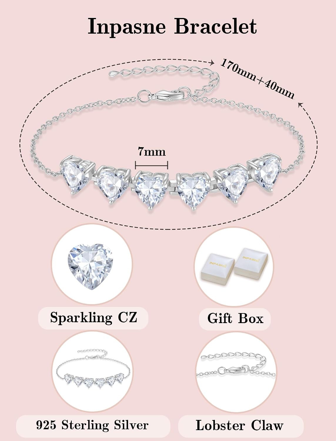 Simulated Diamond Jewelry Set Silver Tone Heart Shaped Birthstone Necklace Earrings Bracelet for Women