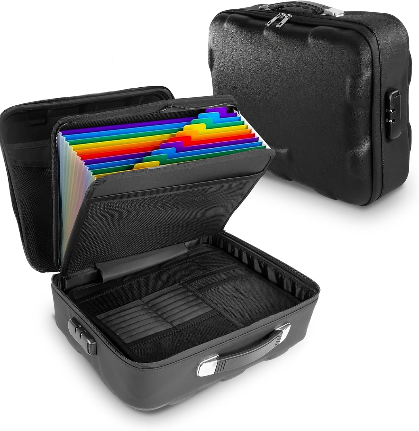 Fireproof Document Box, Hard Case Fireproof File Organizer Box with Lock and 13 Pocket Accordion File Folder, Portable Safe Box for Office Storage Important Documents (Black)