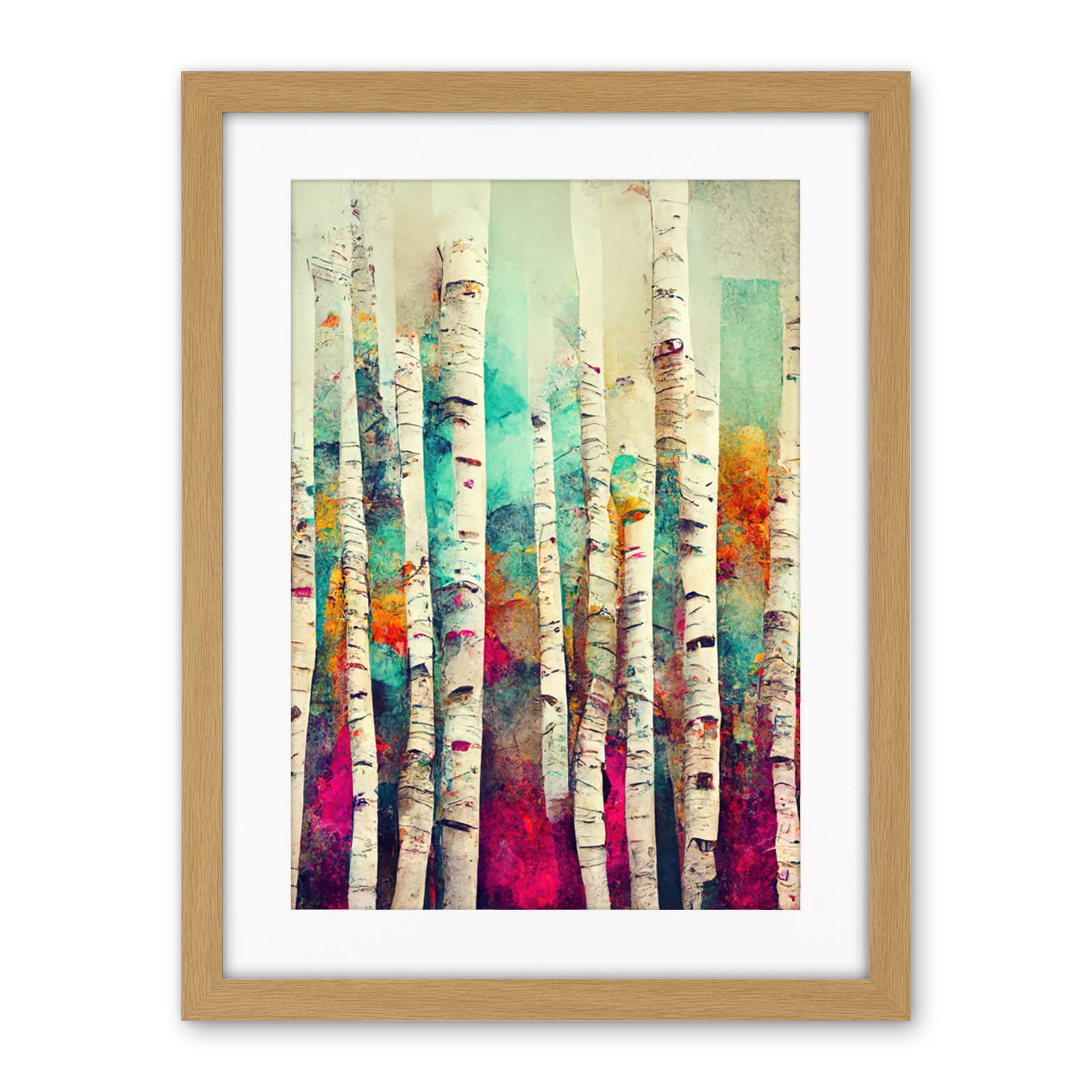 Wee Blue Coo Abstract Multi Coloured Birch Tree Forest Vibrant Colourful Oil Painting Artwork Framed Wall Art Print 18X24 Inch