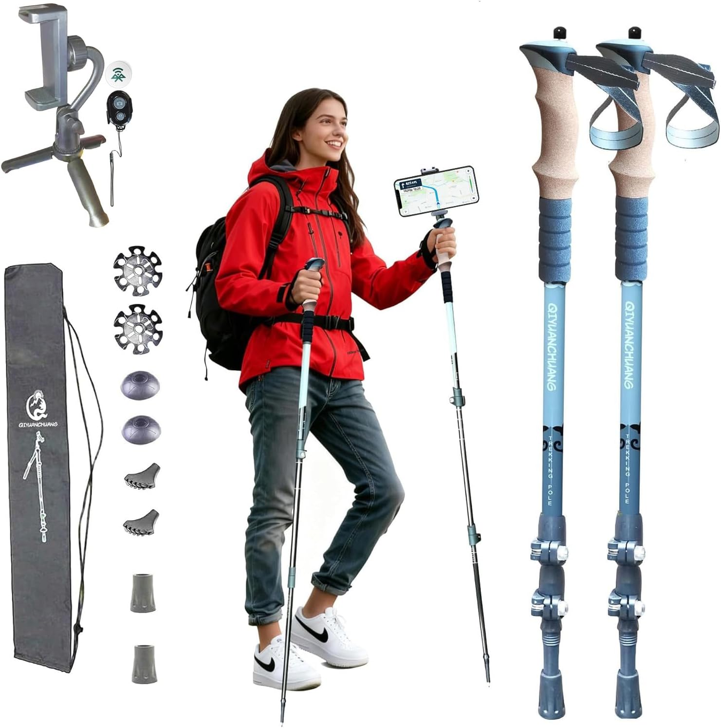 Trekking Poles with Phone Holder & Camera Mount - 1/4" Thread for Action Cameras, Ultralight Collapsible Hiking Sticks for Women, Men, Seniors, Tip Kit (Complete Bundle)