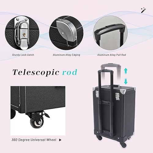 Miniatura 4 de MhdunueSK Estuche de tren de maquillaje, estuche de maquillaje rodante, organizador de esmalte de uñas, estuche de viaje de joyería con 4 ruedas,