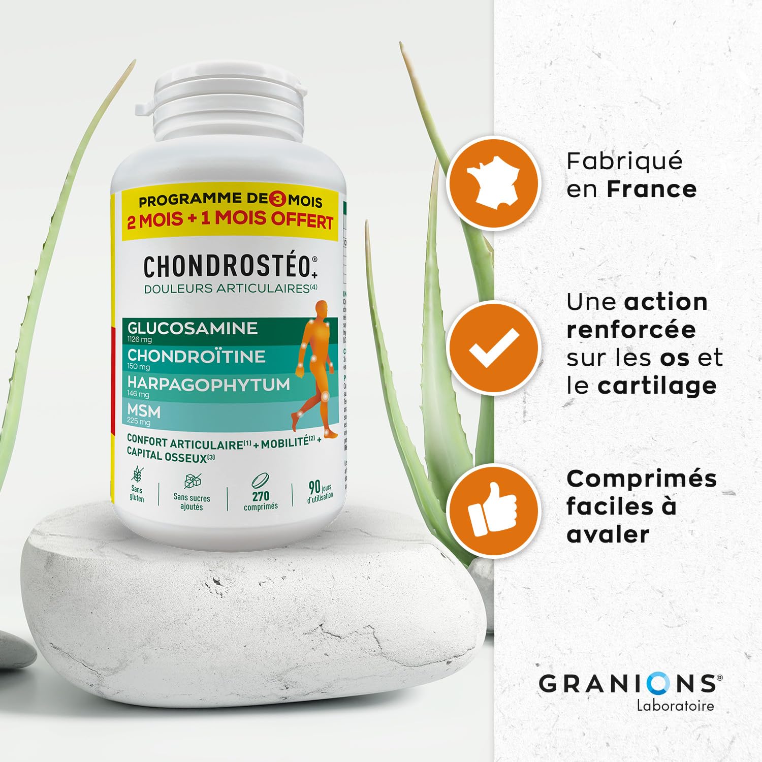 GRANIONS - CHONDROSTÉO Douleurs Articulaires Pilulier - 90 JOURS - 3 MOIS - 270 comprimés