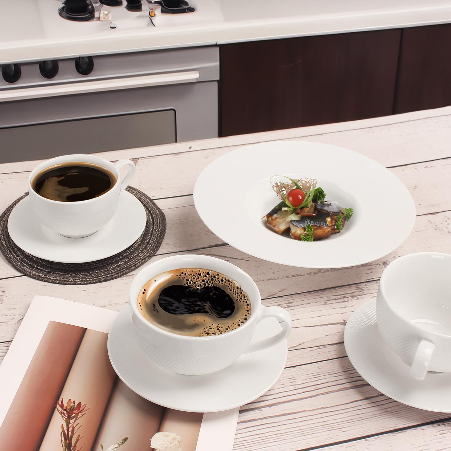 Juego de tazas de café, taza de té de cerámica con platillo, tazas de espresso de 8 piezas, tazas apilables, para café con leche, té caliente, capuchino, moca, cacao, lavavajillas, horno,