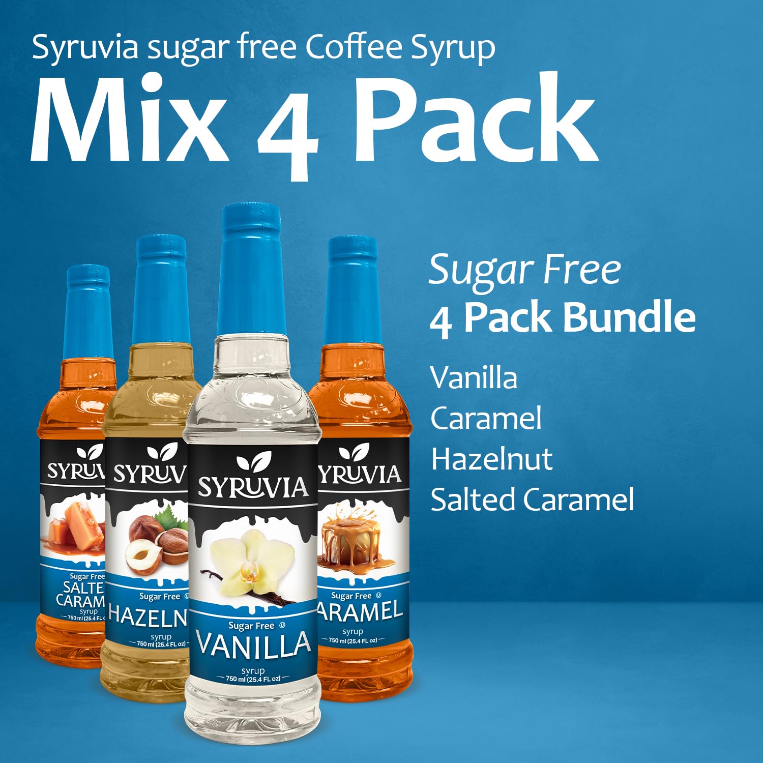 Syruvia Coffee Syrup Variety Pack Sugar Free Vanilla, Caramel, Hazelnut & Salted Caramel Kosher, 25.4 fl oz bottles - Elevate Your Coffee Experience!